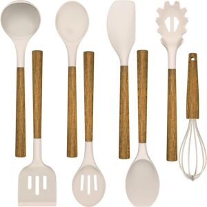 Cooking Utensils Set, 8 PCS Kitchen Utensil Set with Wooden Handle, Silicone Kitchen Utensil Accessories, Non-Sticky, Heat Resistant, Easy Cleaning Utensil Set (Khaki)
